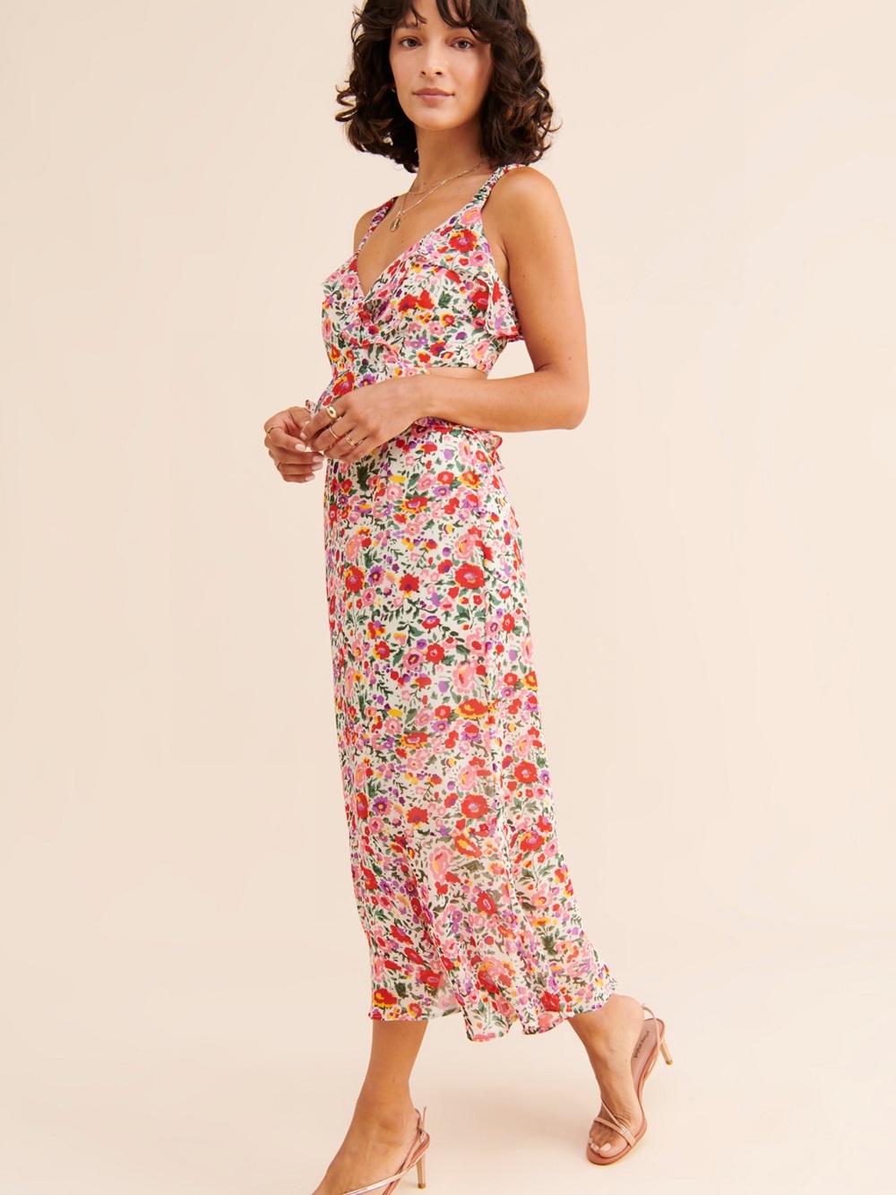 Astr Floral Midi Dress in Pink, Red, Green
